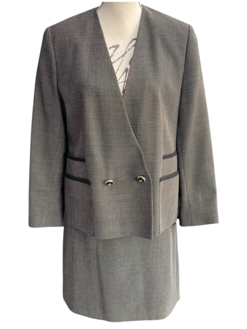Vintage Louis Feraud Black/Cream Wool Double Breasted Skirt Suit 2 Piece (10/12)